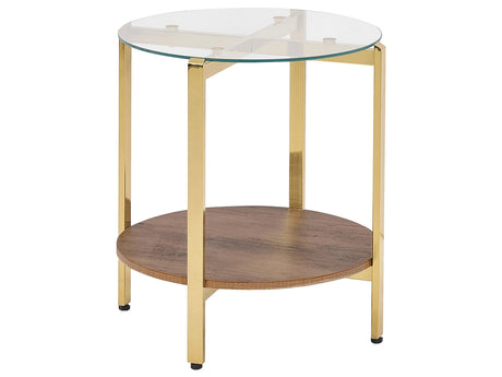 Side Table Gold with Dark Wood Glass Top Metal  50 cm Frame Shelf Modern Design Beliani