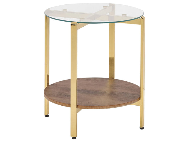 Side Table Gold with Dark Wood Glass Top Metal  50 cm Frame Shelf Modern Design Beliani