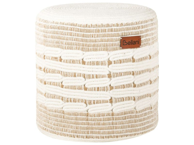 Pouffe Beige and White Jute and Cotton EPS Filling Round Ottoman Footstool Living Room Beliani