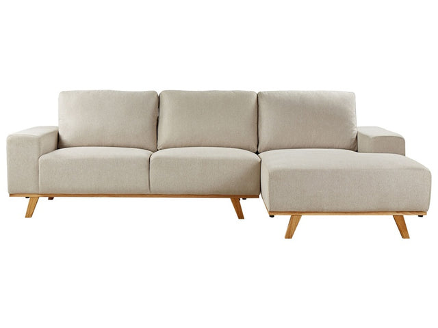 Corner Sofa Beige Upholstery Polyester Fabric Light Wooden Legs Pillow Backrest Modern Design Beliani