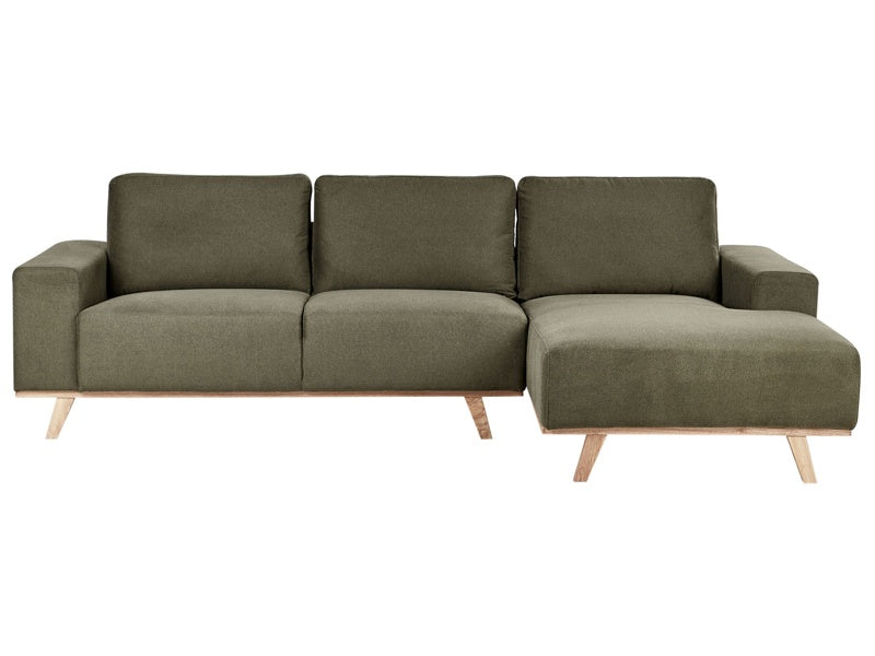 Corner Sofa Green Upholstery Polyester Fabric Light Wooden Legs Pillow Backrest Modern Design Beliani