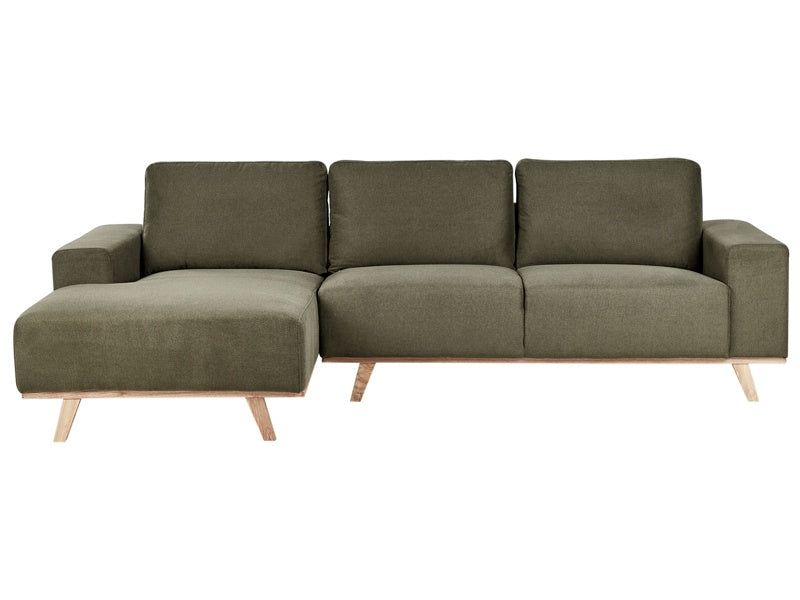 Corner Sofa Green Upholstery Polyester Fabric Light Wooden Legs Pillow Backrest Modern Design Beliani