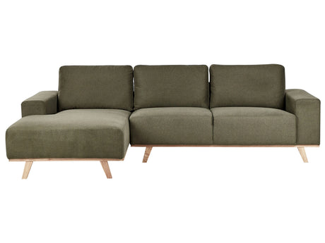 Corner Sofa Green Upholstery Polyester Fabric Light Wooden Legs Pillow Backrest Modern Design Beliani