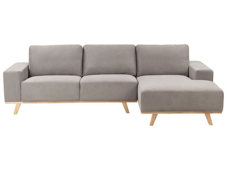 Corner Sofa Taupe Upholstery Polyester Fabric Light Wooden Legs Pillow Backrest Modern Design Beliani