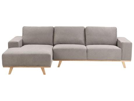 Corner Sofa Taupe Upholstery Polyester Fabric Light Wooden Legs Pillow Backrest Modern Design Beliani