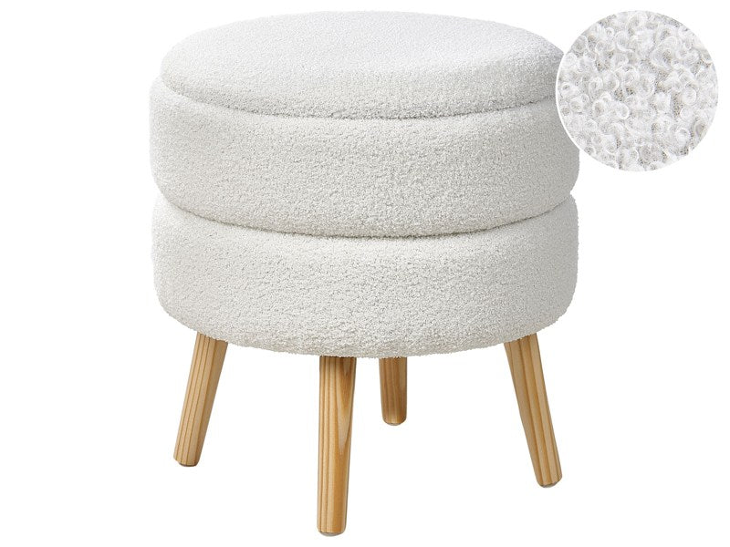 Stool White Boucle Upholstered Wooden Legs Modern Style Beliani