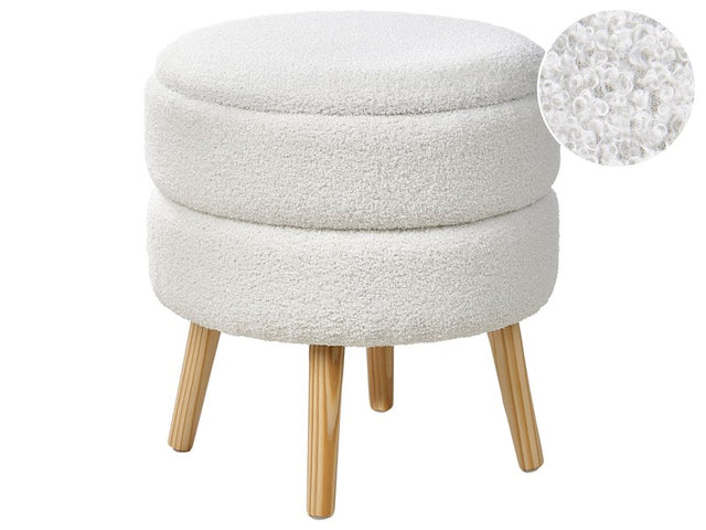 Stool White Boucle Upholstered Wooden Legs Modern Style Beliani