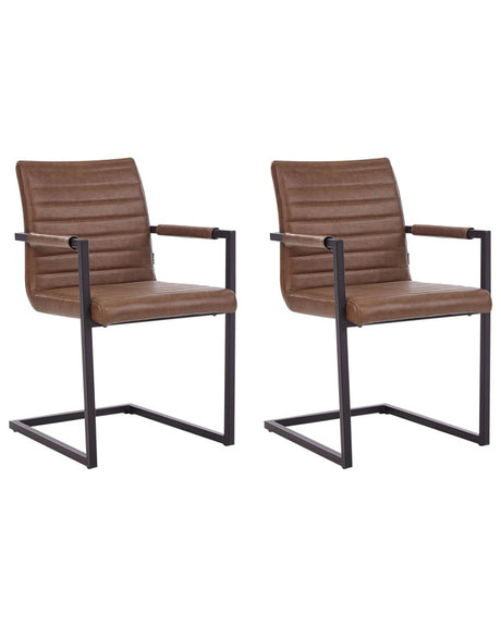 Set of 2 Cantilever Chairs Faux Leather Brown Upholstered Chairs Modern Retro Dining Room Conference Room Beliani