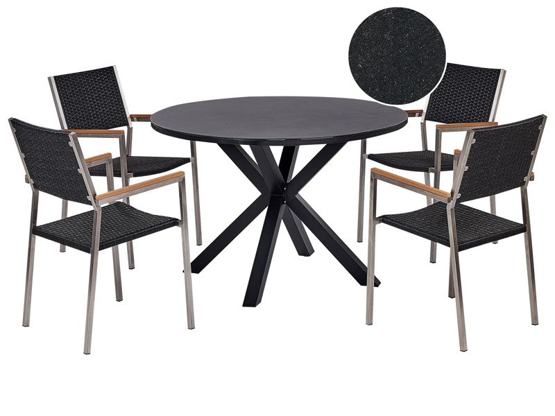 Garden Dining Set Black Aluminium Table Ceramic Glass Table Top PE Rattan Chairs Stainless Steel Frame 4 Seater Outdoor Furniture Modern Beliani