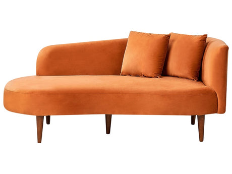 Chaise Lounge Orange Velvet Polyester Upholstery Right Hand Dark Wood Legs Extra Throw Pillows Modern Design Living Room Furniture Beliani