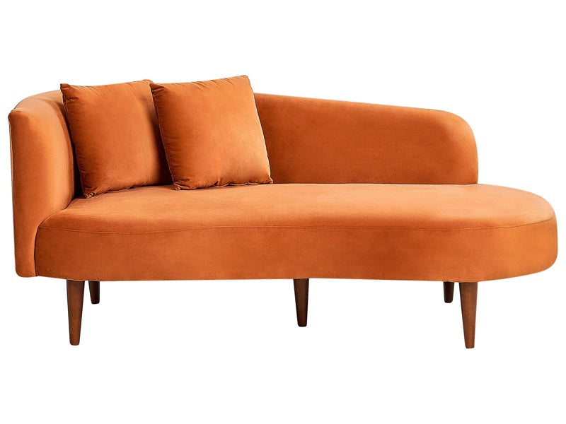 Chaise Lounge Orange Velvet Polyester Upholstery Left Hand Dark Wood Legs Extra Throw Pillows Modern Design Living Room Furniture Beliani