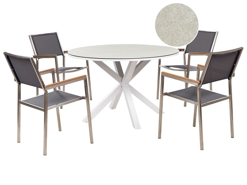 Garden Dining Set White and Grey Aluminium Stainless Steel Ceramic Glass Table Top 4 Seater Outdoor Furniture Modern Beliani