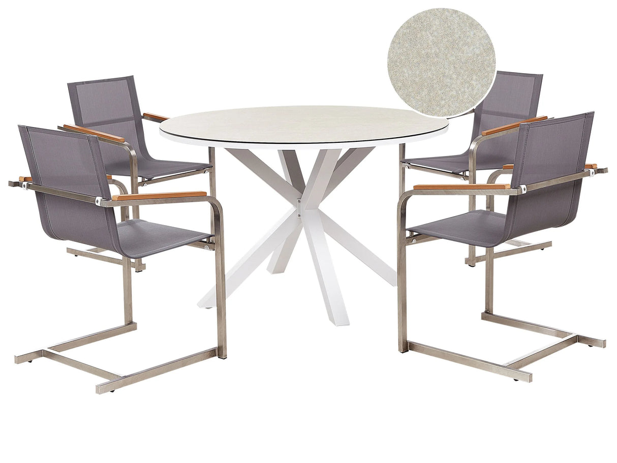 Garden Dining Set White and Grey Aluminium Stainless Steel Ceramic Glass Table Top 4 Seater Outdoor Furniture Modern Beliani