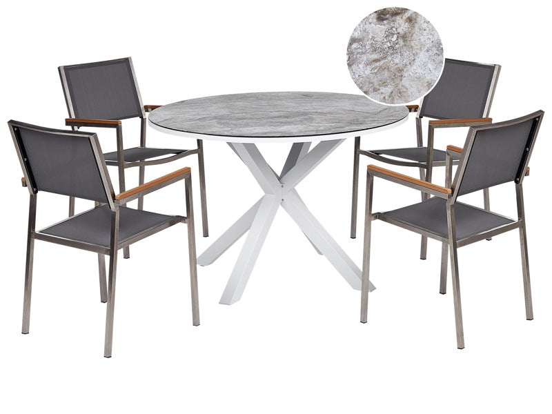 Garden Dining Set White and Grey Aluminium Stainless Steel Ceramic Glass Table Top with Marble Effect 4 Seater Outdoor Furniture Modern Beliani