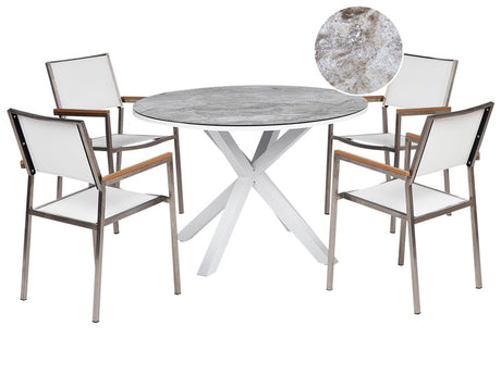 Garden Dining Set White Aluminium Stainless Steel Ceramic Glass Table Top with Marble Effect 4 Seater Outdoor Furniture Modern Beliani