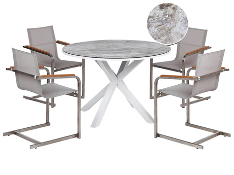 Garden Dining Set White and Grey Aluminium Stainless Steel Ceramic Glass Table Top with Marble Effect 4 Seater Outdoor Furniture Modern Beliani