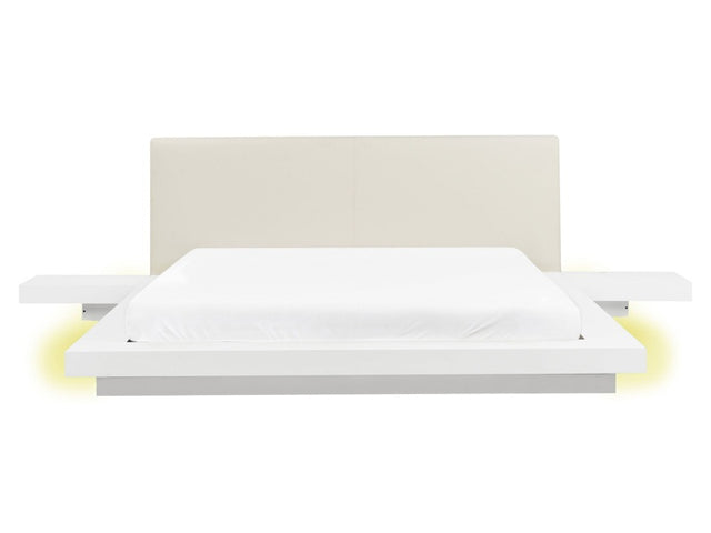 Japan LED Bed Frame White EU King Size 5ft3 Wood Veneer MDF Faux Leather Headboard Low Profile Bedroom Beliani