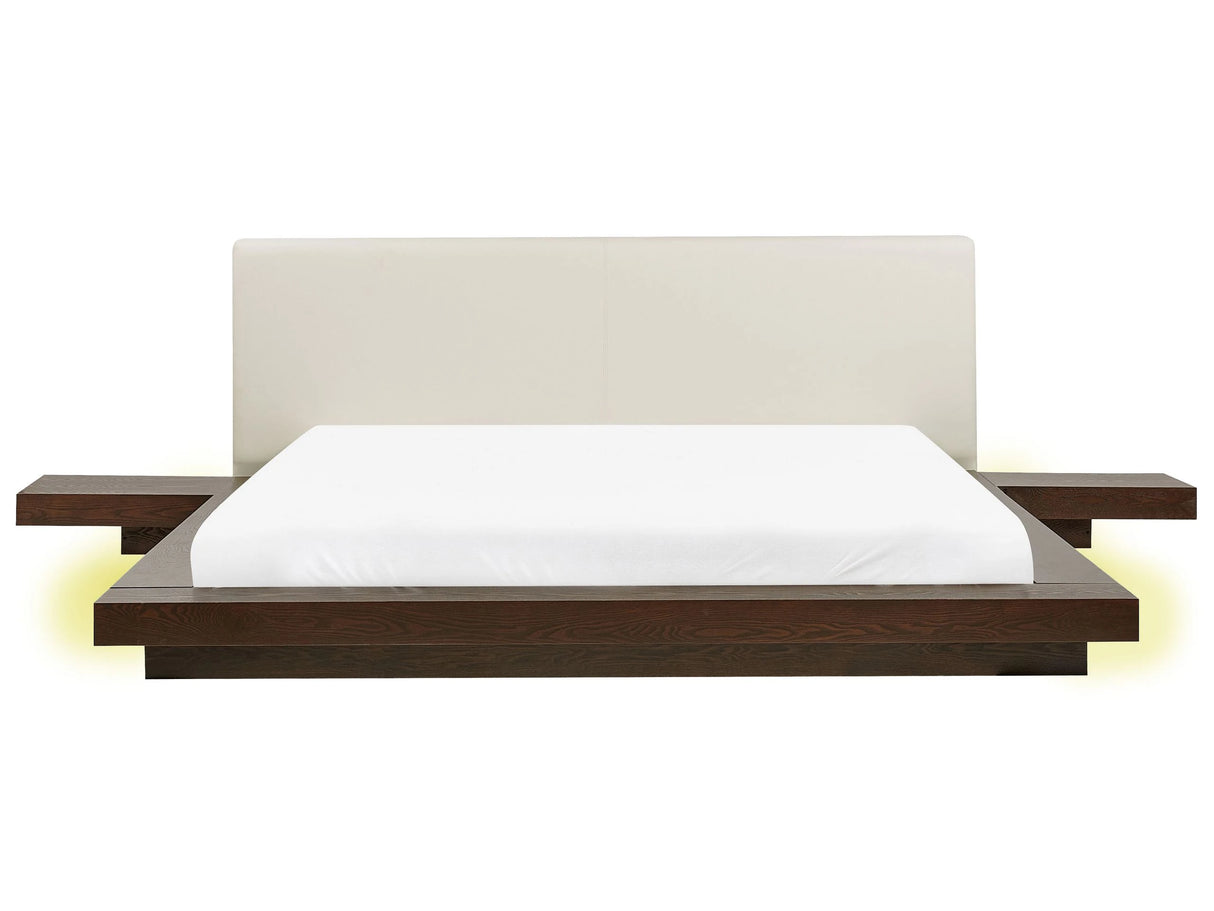 Japan LED Bed Frame Dark Ash Wood EU Super King Size 6ft Wood Veneer MDF Faux Leather Headboard Low Profile Bedroom Beliani