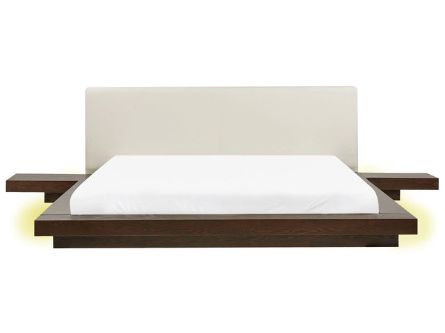 Japan LED Bed Frame Dark Ash Wood EU Super King Size 6ft Wood Veneer MDF Faux Leather Headboard Low Profile Bedroom Beliani