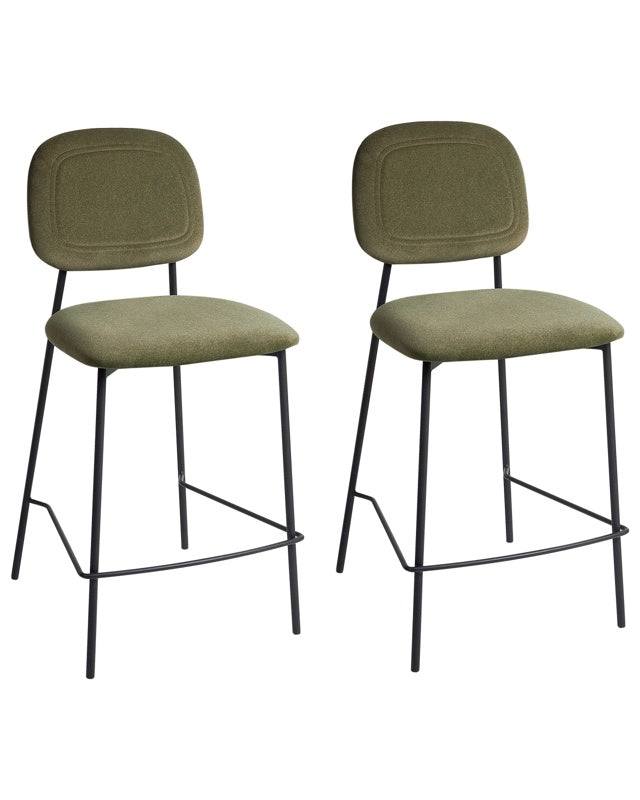 Set of 2 Bar Chairs Olive Green Velvet Upholstery Black Iron Frame Counter Height Seat Dining Room Furniture Modern Design Beliani