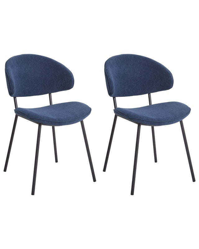 Set of 2 Dining Chairs Dark Blue Fabric Upholstery Black Metal Legs Armless Curved Backrest Modern Contemporary Design Beliani