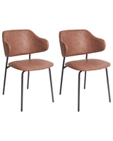 Set of 2 Dining Chairs Brown Faux Leather Upholstery Black Metal Legs Armless Curved Backrest Modern Contemporary Design Beliani