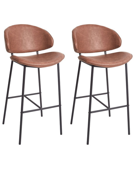 Set of 2 Dining Bar Chairs Brown Faux Leather Upholstery Black Metal Legs Armless Curved Backrest Modern Contemporary Design Beliani