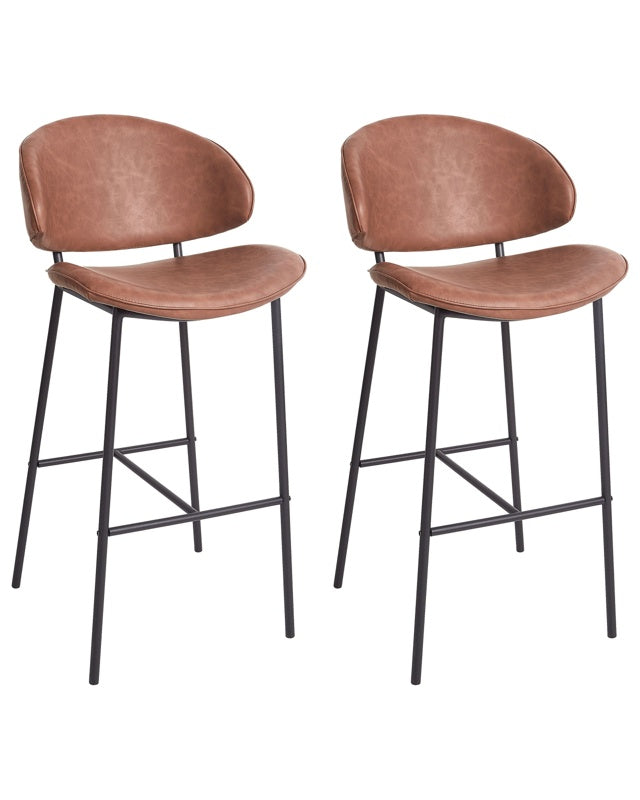 Set of 2 Dining Bar Chairs Brown Faux Leather Upholstery Black Metal Legs Armless Curved Backrest Modern Contemporary Design Beliani