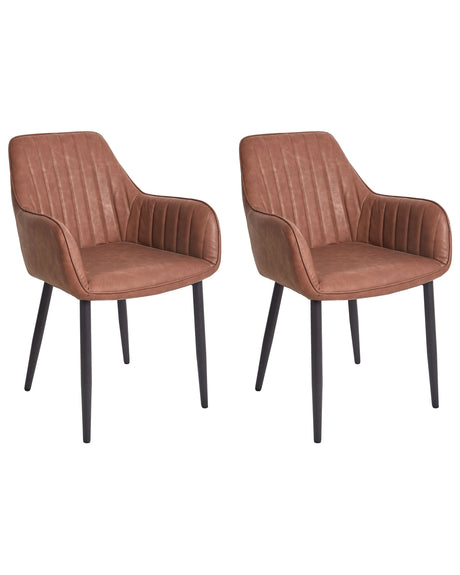 Set of 2 Dining Chairs Brown Faux Leather Armrests Black Metal Legs Rustic Traditional Beliani