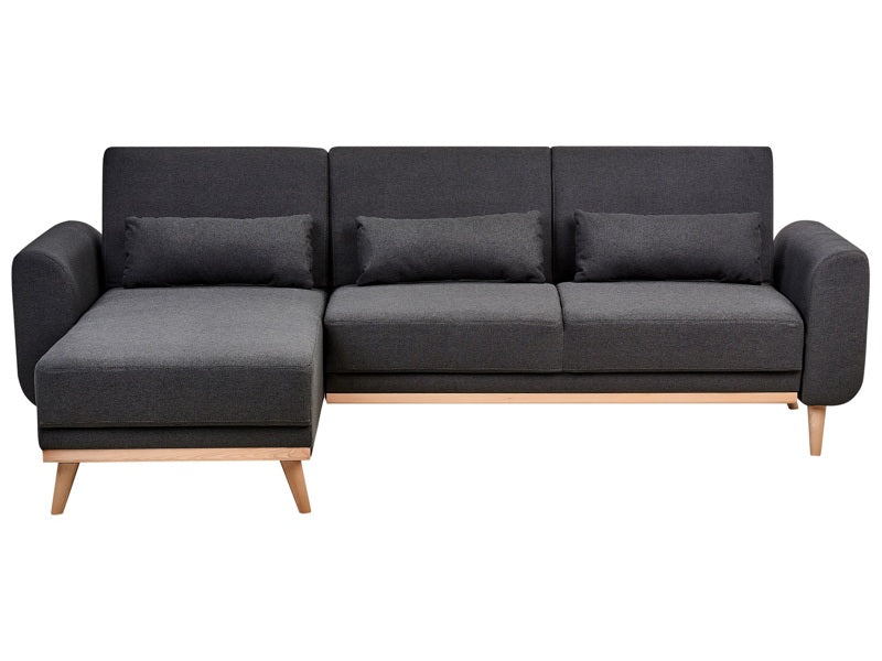 Corner Sofa Bed Black Upholstery Polyester Fabric Light Wooden Legs Pillows Modern Design Beliani