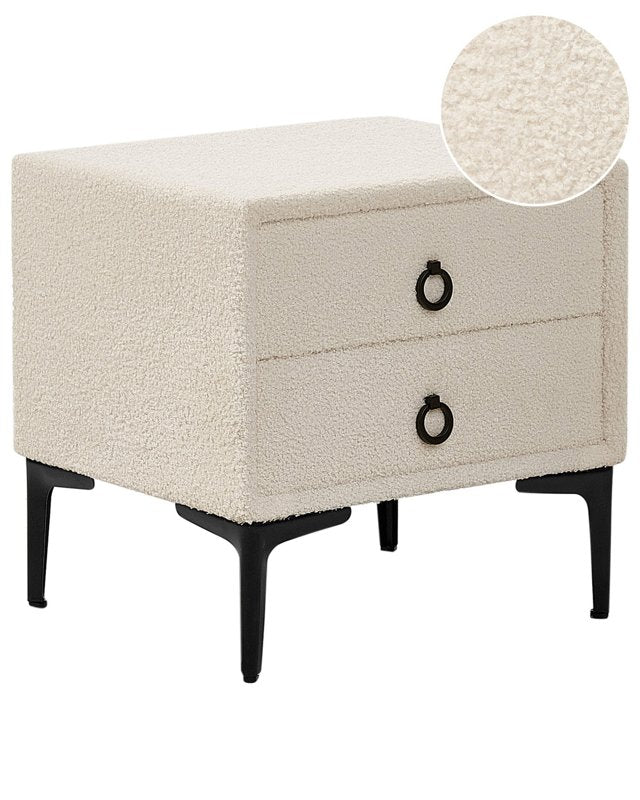 Bedside Table Off-White Boucle Black Metal Legs with 2 Storage Drawers Nightstand Beliani