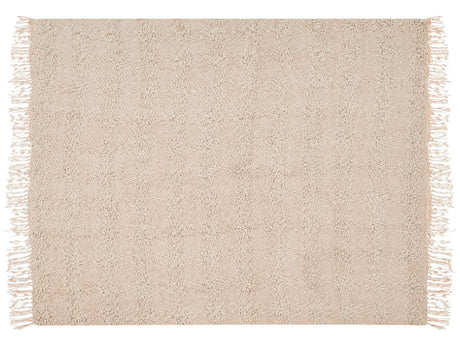 Blanket Light Beige Cotton and Acrylic 150 x 200 cm Woven Bed Throw with Tassels Bed Spread Cover Beliani