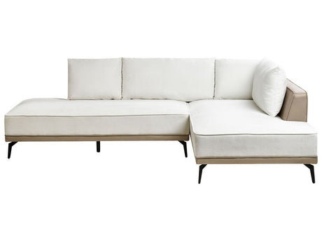 Left Hand Corner Sofa Off-White Taupe Polyester Faux Leather Steel Legs Cushions Living Room Beliani