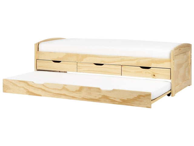 Kids Trundle Bed Light Pine Wood EU Single Size Frame Extra Silde Out Frame with Storage Drawers Beliani