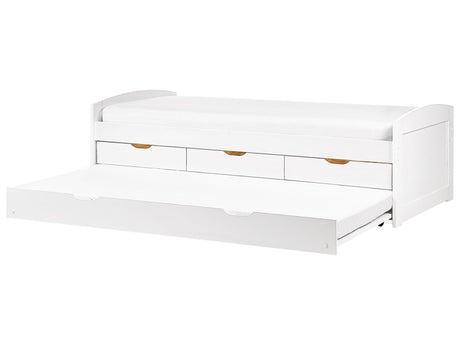 Kids Trundle Bed White Pine Wood EU Single Size Frame Extra Silde Out Frame with Storage Drawers Beliani