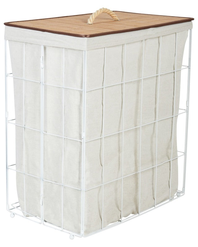 Laundry Basket White and Light Wood Metal Frame Fabric and Bamboo Lid Removable Bin Beliani