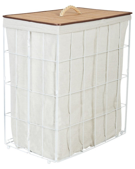 Laundry Basket White and Light Wood Metal Frame Fabric and Bamboo Lid Removable Bin Beliani