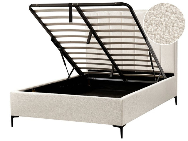 Bed Frame Off-White Boucle EU Double Size 4ft6 with Ottoman Storage Padded Headboard Black Metal Legs Beliani