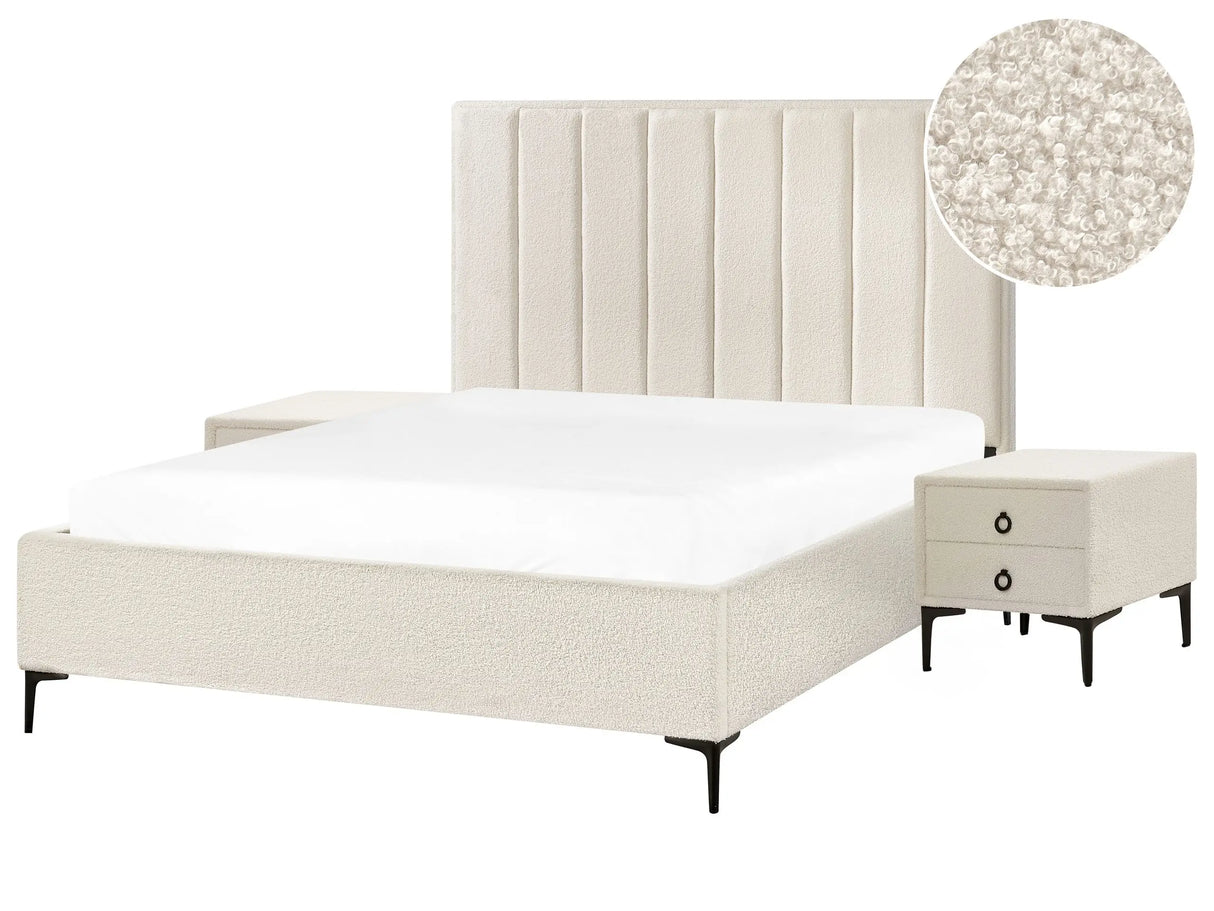 Bedroom Set Off-White Boucle EU King Size 5ft3 Bed with Storage 2 Bedside Tables Upholstered Beliani