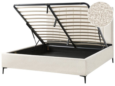 Bed Frame Off-White Boucle EU Super King Size 6ft with Ottoman Storage Padded Headboard Black Metal Legs Beliani