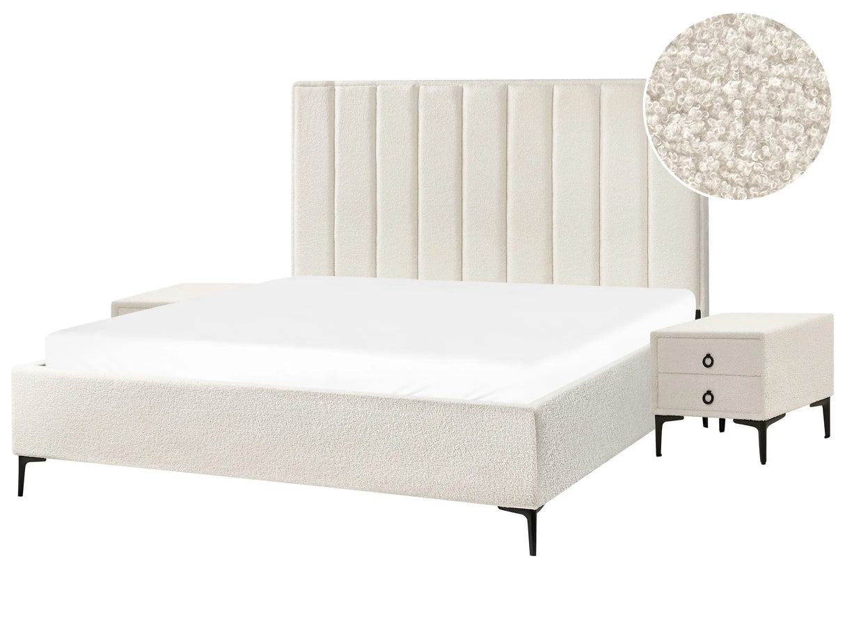 Bedroom Set Off-White Boucle EU Super King Size 6ft Bed with Storage 2 Bedside Tables Upholstered Beliani