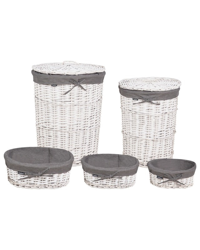 Laundry Basket Grey and White Willow Frame Fabric Inside Liner Boho Modern Design Beliani