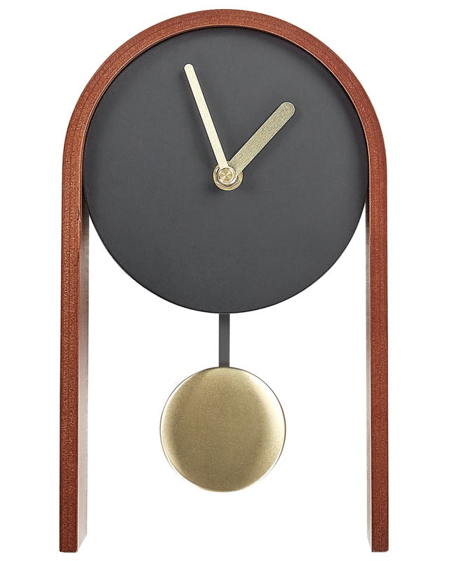 Table Clock Decoration Black and Dark Wood MDF with Decorative Pendulum without Numeration Beliani