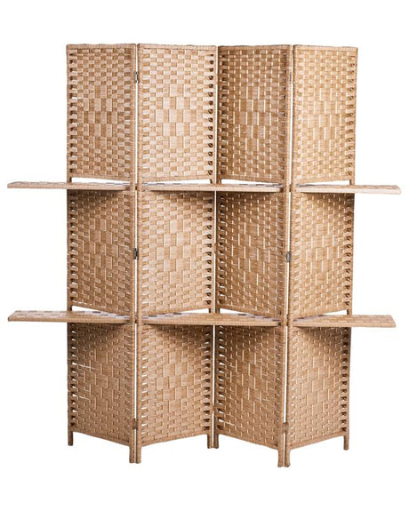 4 Panel Room Divider Light Wood Poplar Walls Weave Boho Style Beliani