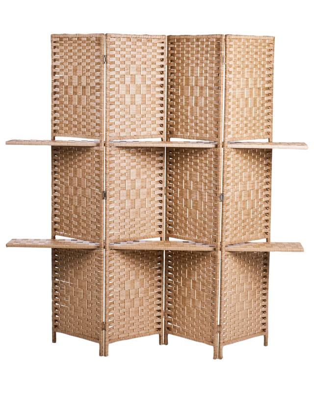 4 Panel Room Divider Light Wood Poplar Walls Weave Boho Style Beliani