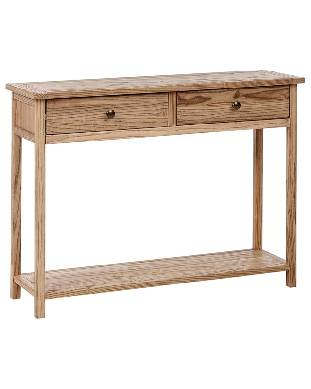 Console Table Light Natural Wood 100 x 31 cm 2 Drawers Sehlf Hallway Furniture Rustic Design Beliani