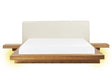 Japan LED Bed Frame Natural Ash Wood EU King Size 5ft3 Wood Veneer MDF Faux Leather Headboard Low Profile Bedroom Beliani