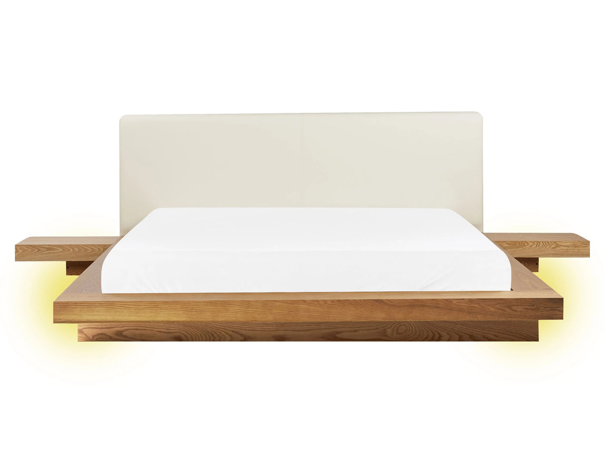 Japan LED Bed Frame Natural Ash Wood EU King Size 5ft3 Wood Veneer MDF Faux Leather Headboard Low Profile Bedroom Beliani
