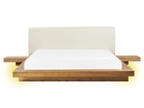 Japan LED Bed Frame Natural Ash Wood EU King Size 5ft3 Wood Veneer MDF Faux Leather Headboard Low Profile Bedroom Beliani