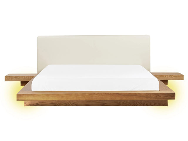Japan LED Bed Frame Natural Ash Wood EU King Size 5ft3 Wood Veneer MDF Faux Leather Headboard Low Profile Bedroom Beliani